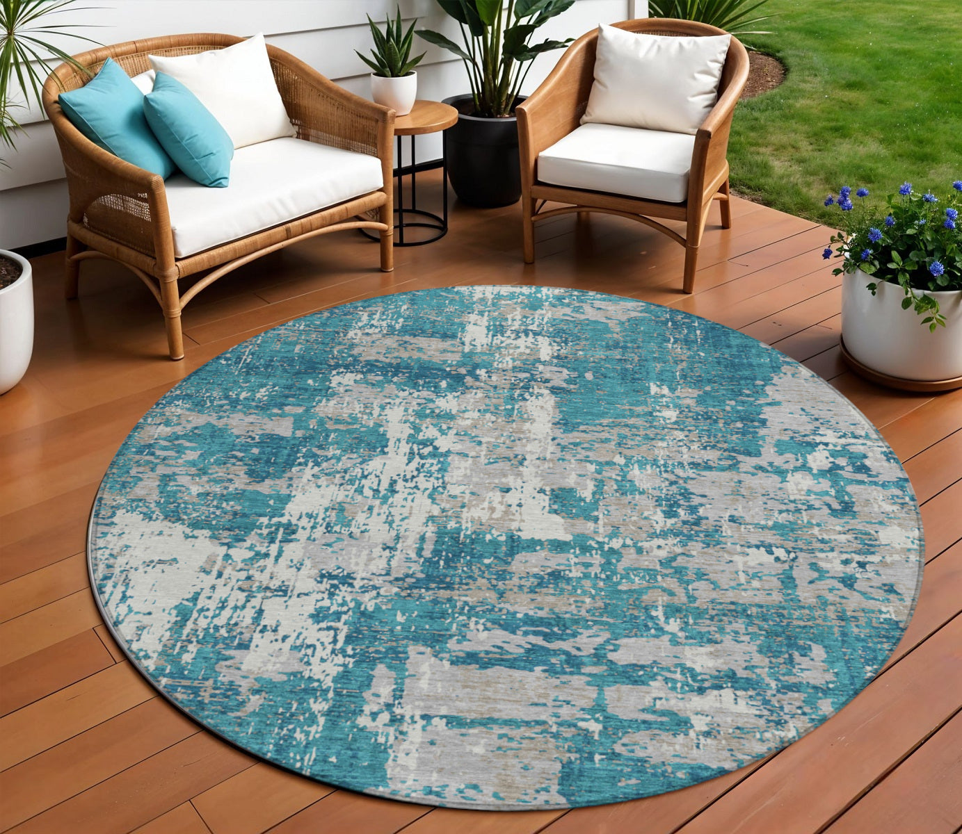 8' Teal Blue Gray And Ivory Round Abstract Washable Indoor Outdoor Area Rug