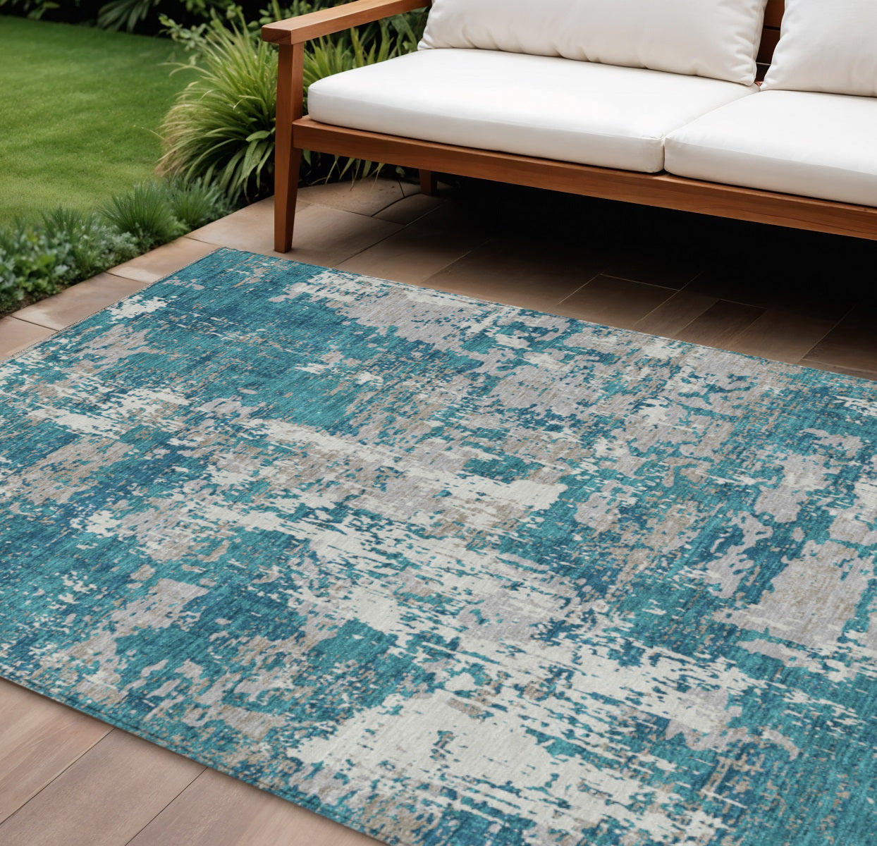 8' X 10' Teal Blue Gray And Ivory Abstract Washable Indoor Outdoor Area Rug