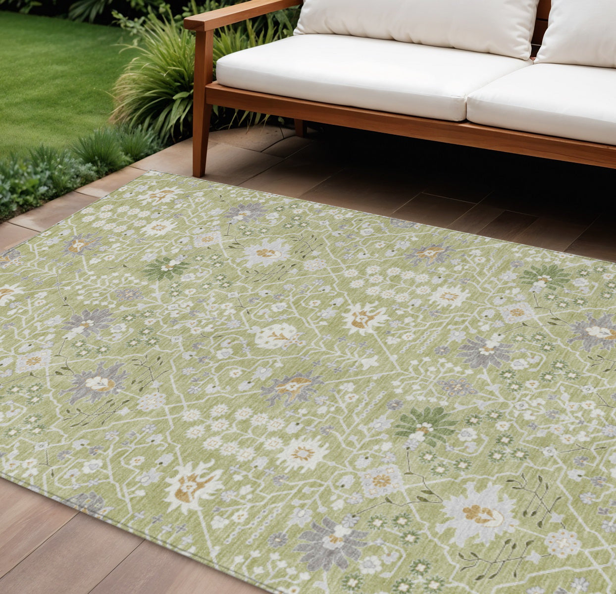 10' X 14' Artichoke Green Gray And Ivory Oriental Washable Indoor Outdoor Area Rug
