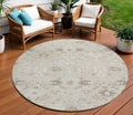 8' Beige Brown And Green Round Oriental Washable Indoor Outdoor Area Rug
