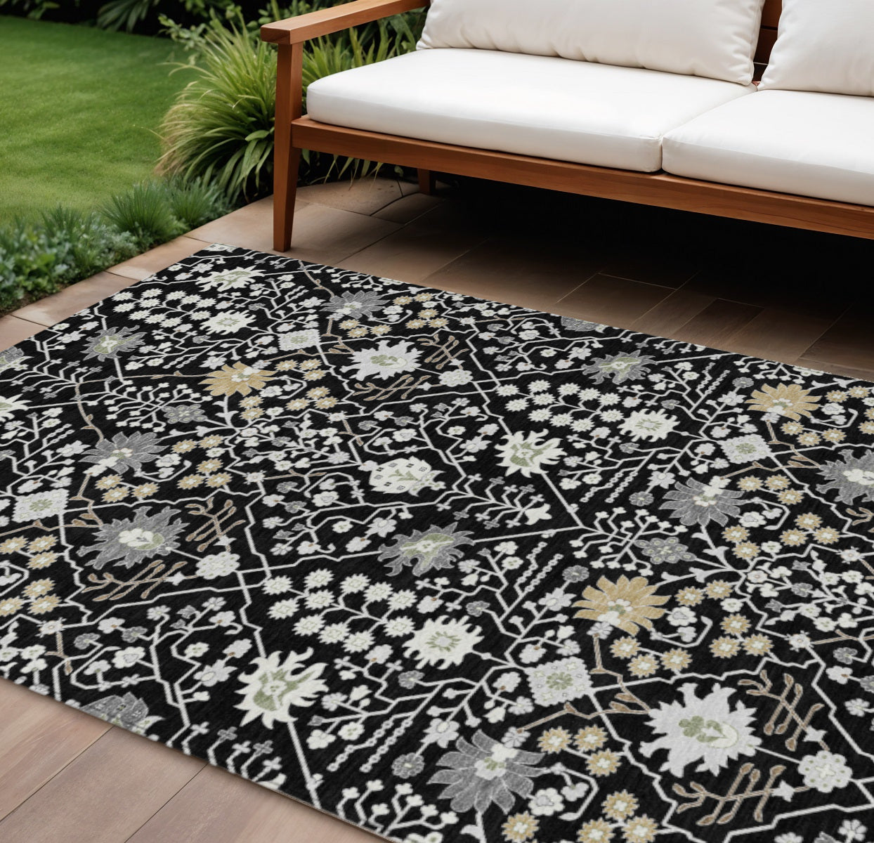 10' X 14' Black Ivory And Gray Oriental Washable Indoor Outdoor Area Rug