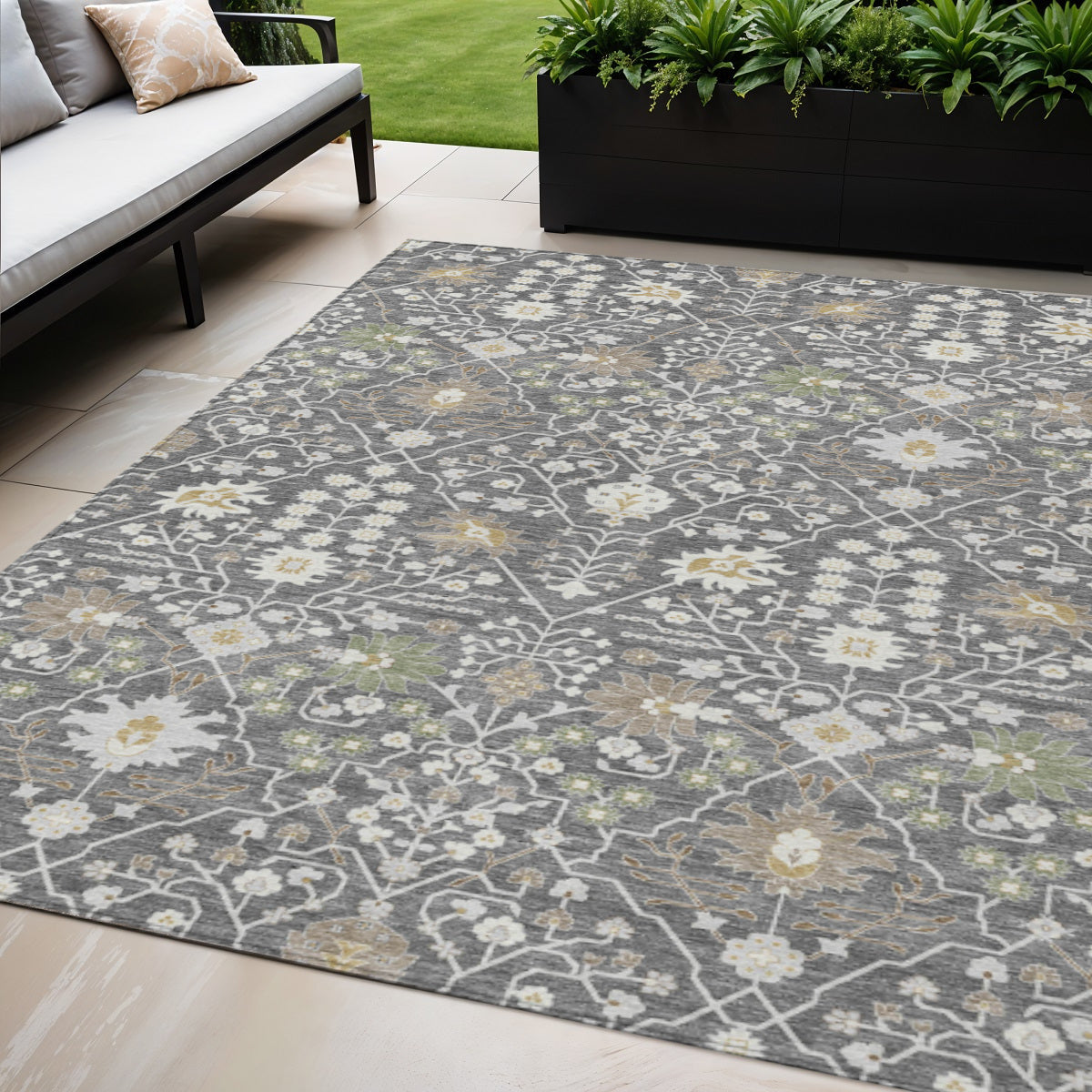 5' X 8' Charcoal Ivory And Green Oriental Washable Indoor Outdoor Area Rug