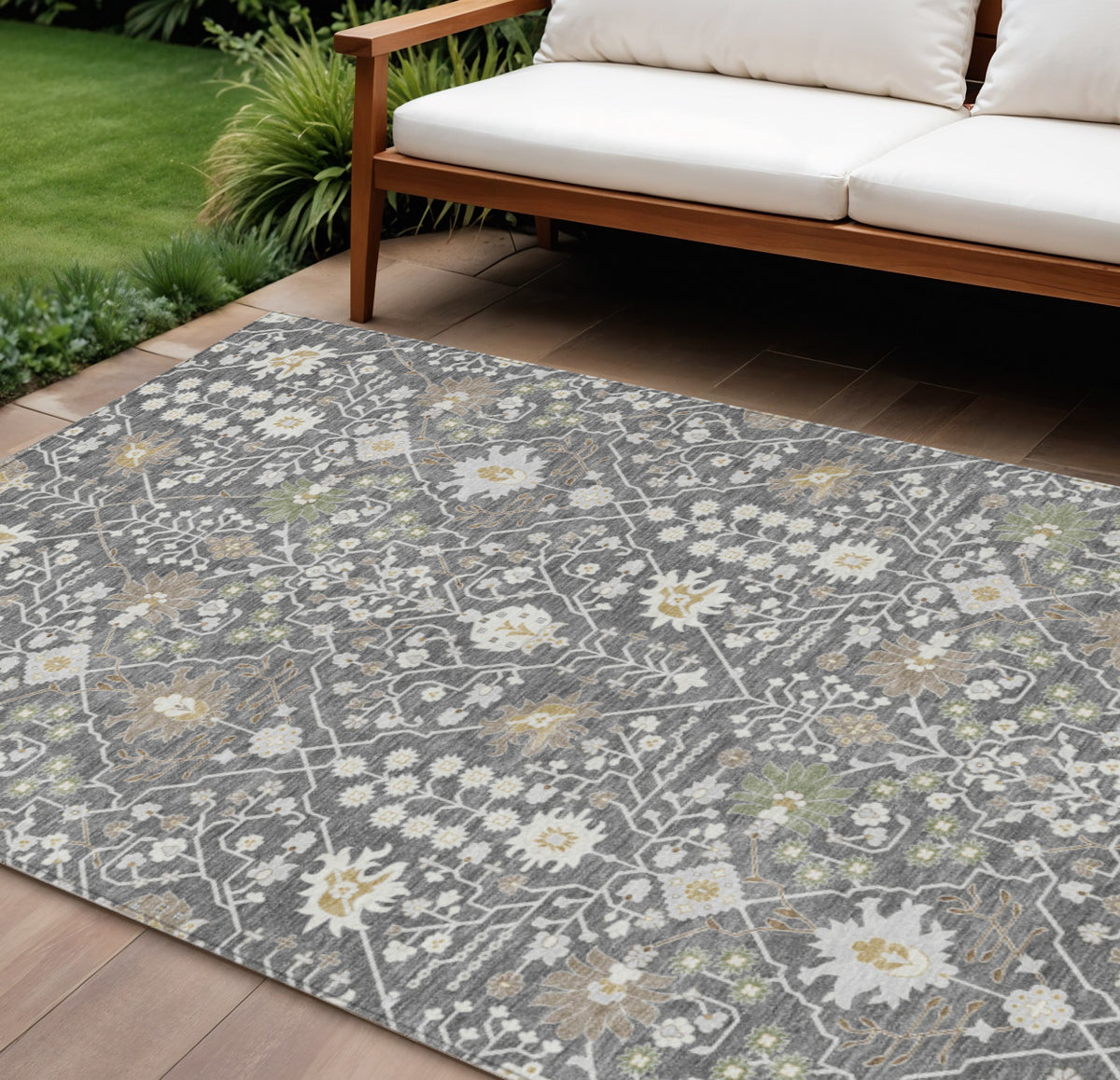 9' X 12' Charcoal Ivory And Green Oriental Washable Indoor Outdoor Area Rug
