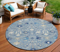 8' Denim Blue Ivory And Beige Round Oriental Washable Indoor Outdoor Area Rug