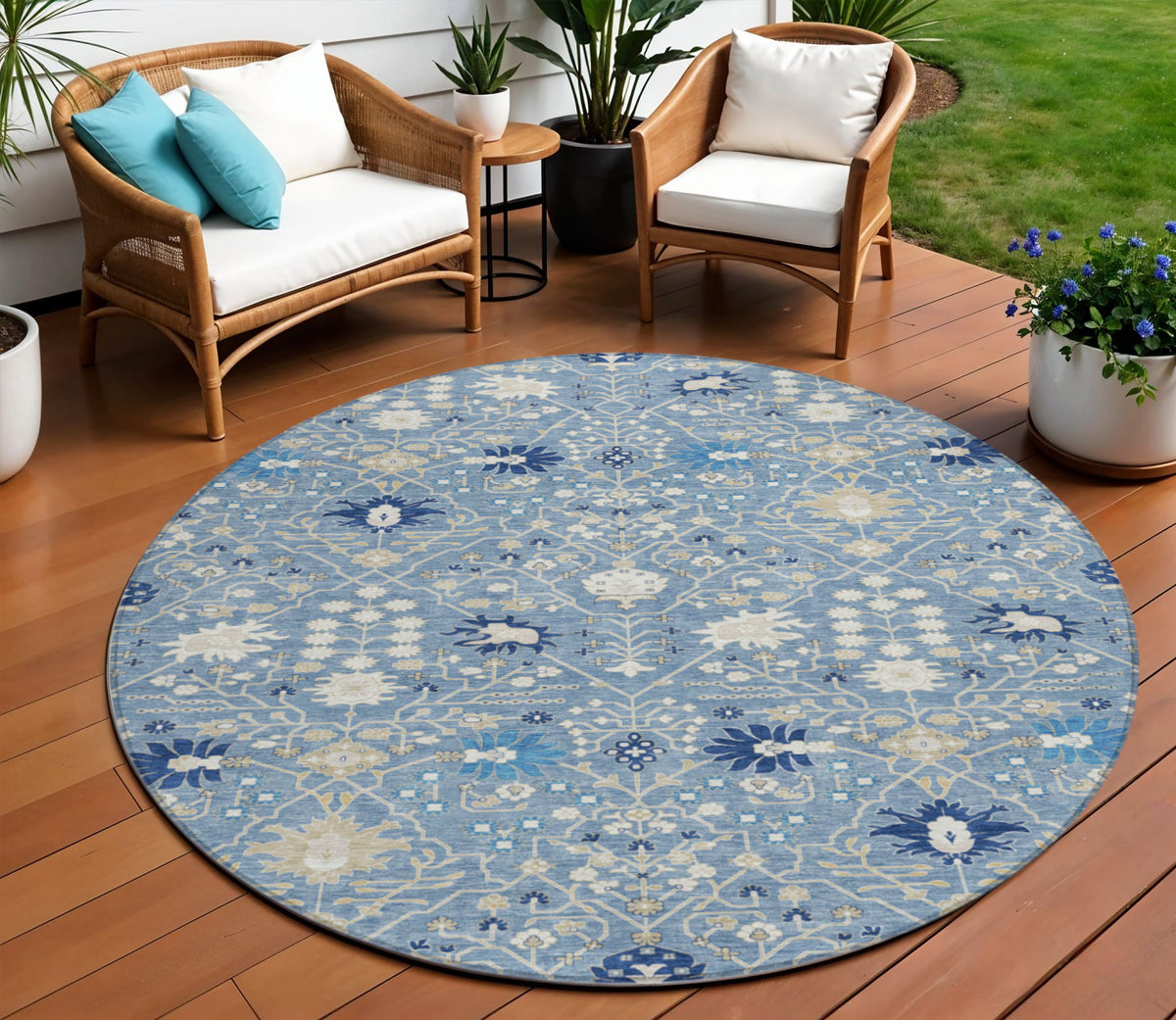 8' Denim Blue Ivory And Beige Round Oriental Washable Indoor Outdoor Area Rug