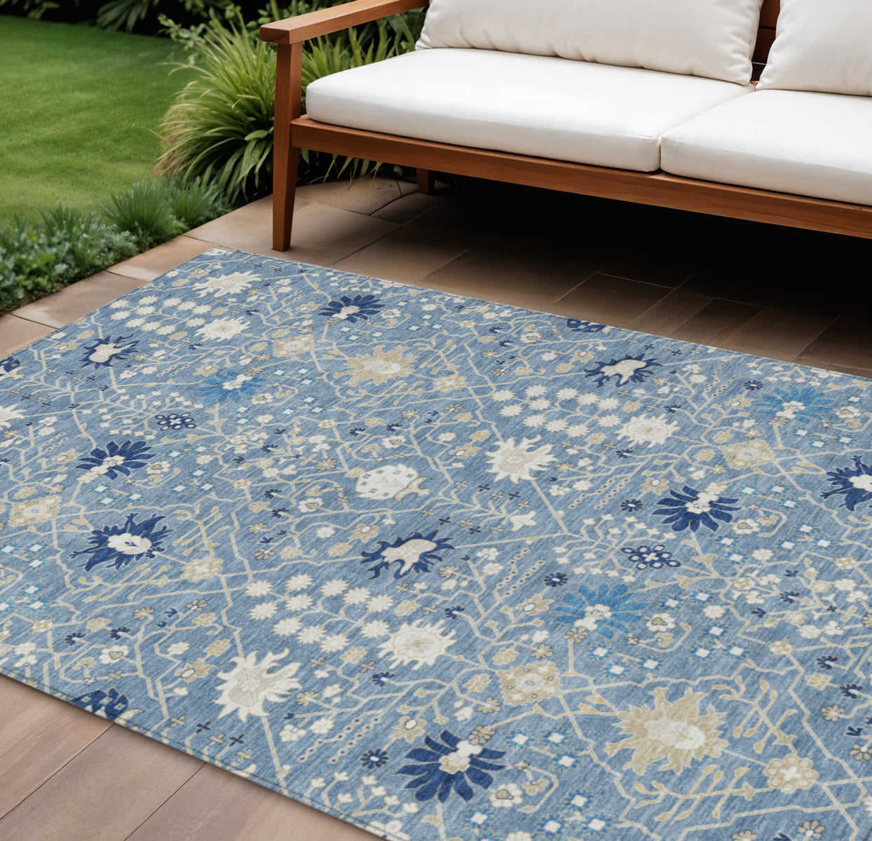 10' X 14' Denim Blue Ivory And Beige Oriental Washable Indoor Outdoor Area Rug