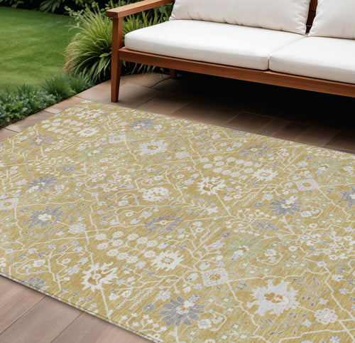 10' X 14' Gold Ivory And Gray Oriental Washable Indoor Outdoor Area Rug