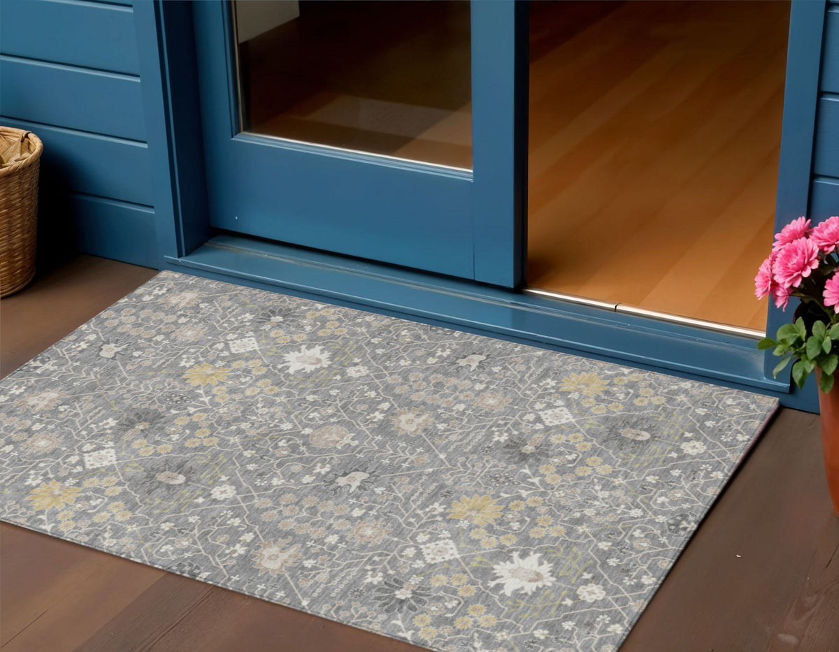 3' X 5' Gray Gold And Ivory Oriental Washable Indoor Outdoor Area Rug