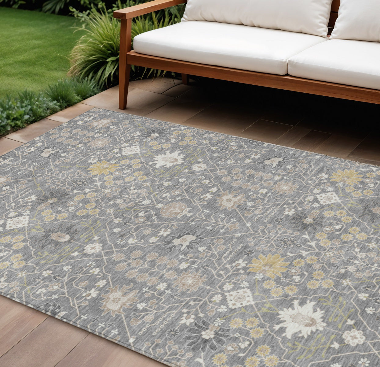 9' X 12' Gray Gold And Ivory Oriental Washable Indoor Outdoor Area Rug