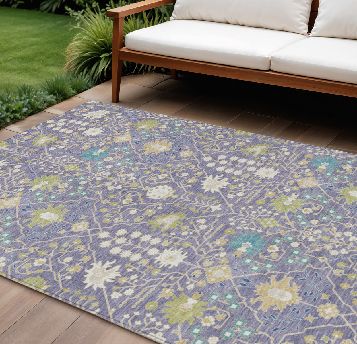 9' X 12' Lavender Blue And Green Oriental Washable Indoor Outdoor Area Rug