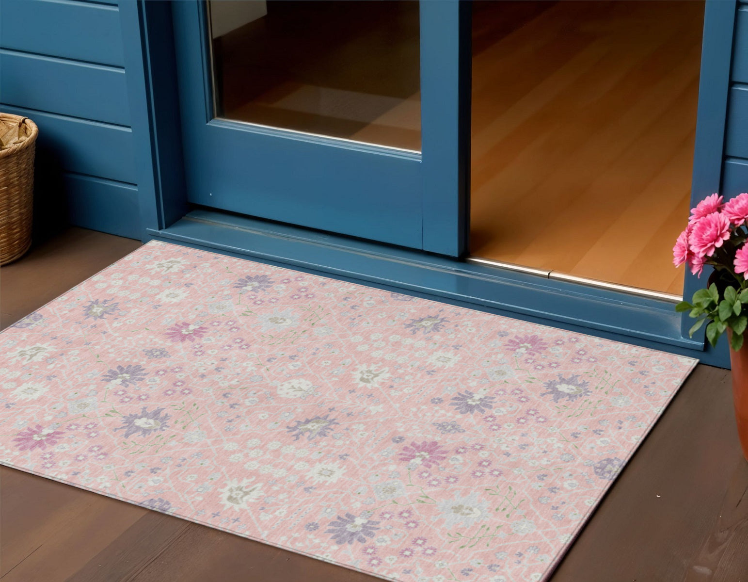 3' X 5' Pink Purple And Gray Oriental Washable Indoor Outdoor Area Rug