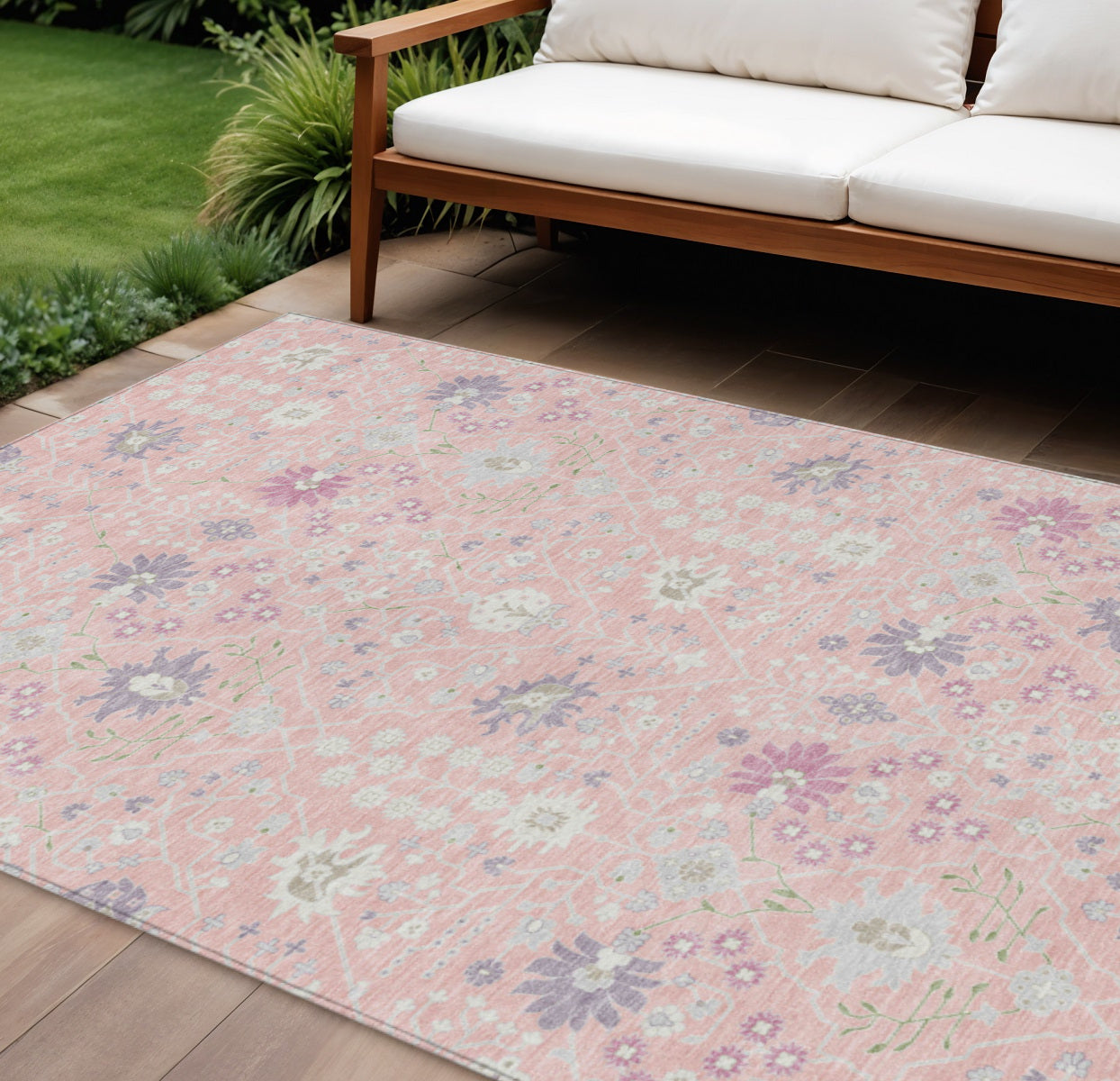 9' X 12' Pink Purple And Gray Oriental Washable Indoor Outdoor Area Rug