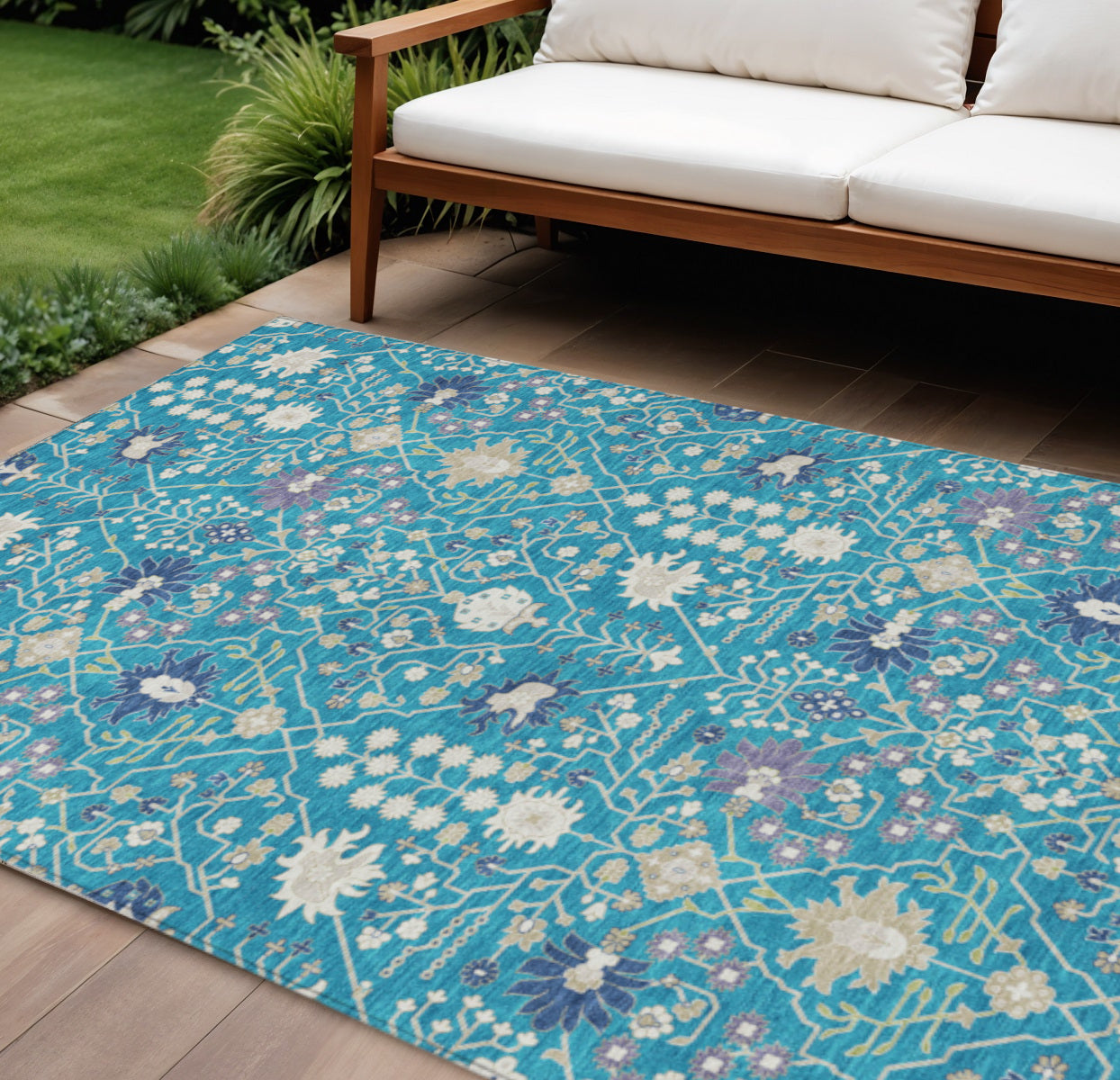 9' X 12' Teal Blue Purple And Ivory Oriental Washable Indoor Outdoor Area Rug