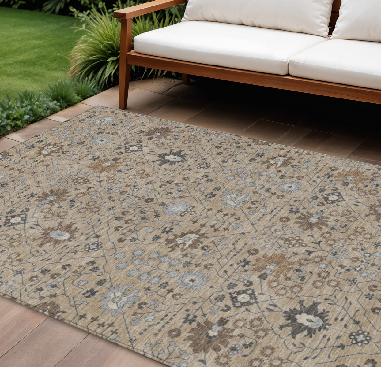 9' X 12' Taupe Brown And Gray Oriental Washable Indoor Outdoor Area Rug