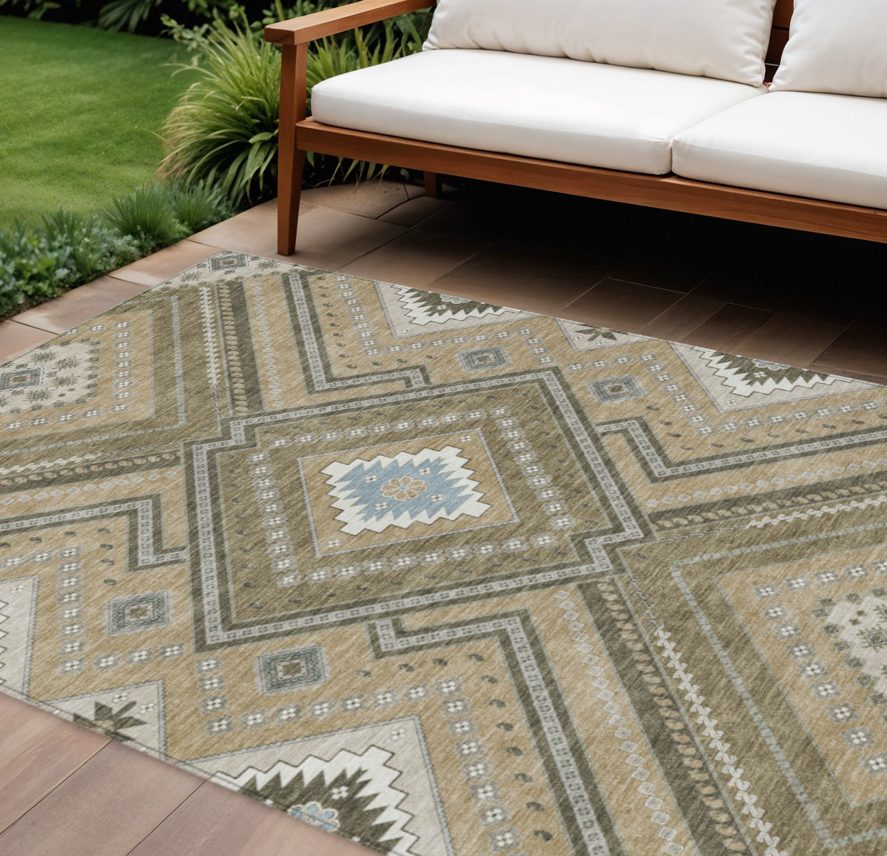 10' X 14' Beige Gray And Ivory Tribal Washable Indoor Outdoor Area Rug