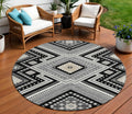 8 Black Gray And Ivory Round Tribal Washable Indoor Outdoor Area Rug