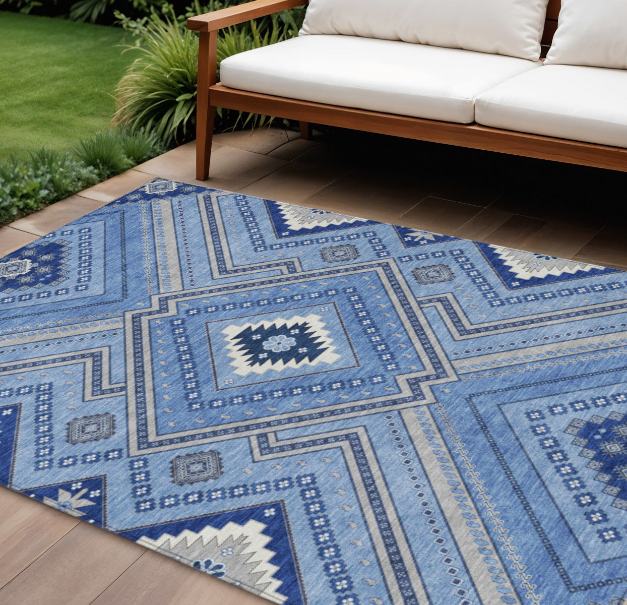 10' X 14' Blue Gray And Ivory Tribal Washable Indoor Outdoor Area Rug