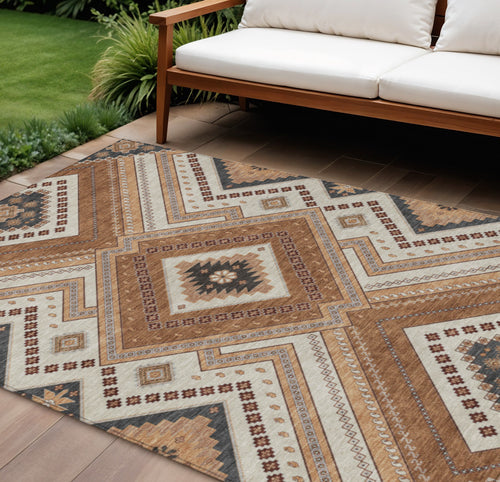 10' X 14' Copper Brown And Beige Tribal Washable Indoor Outdoor Area Rug