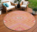 8' Coral Pink And Ivory Round Tribal Washable Indoor Outdoor Area Rug