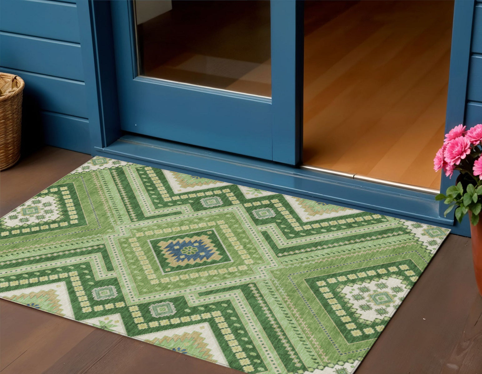 3' X 5' Green Ivory And Beige Tribal Washable Indoor Outdoor Area Rug