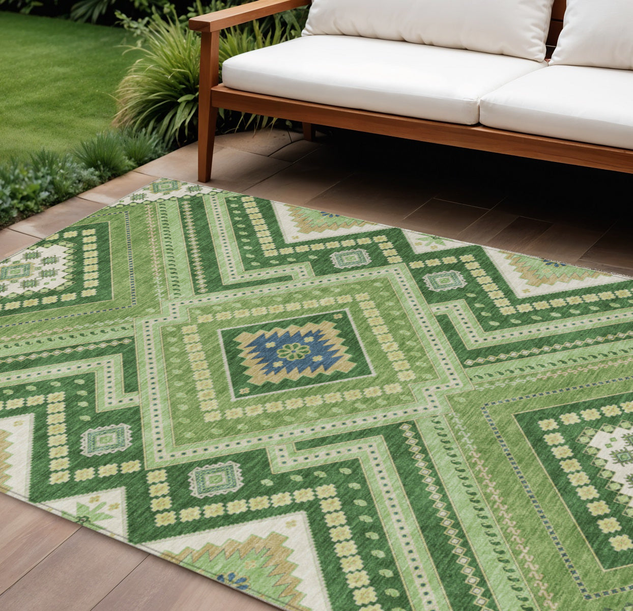 9' X 12' Green Ivory And Beige Tribal Washable Indoor Outdoor Area Rug