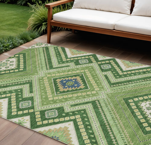 10' X 14' Green Ivory And Beige Tribal Washable Indoor Outdoor Area Rug