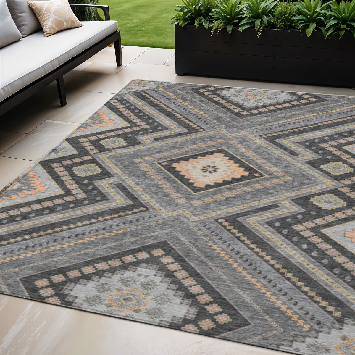 5' X 8' Gray Charcoal And Pink Tribal Washable Indoor Outdoor Area Rug
