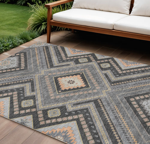 10' X 14' Gray Charcoal And Pink Tribal Washable Indoor Outdoor Area Rug