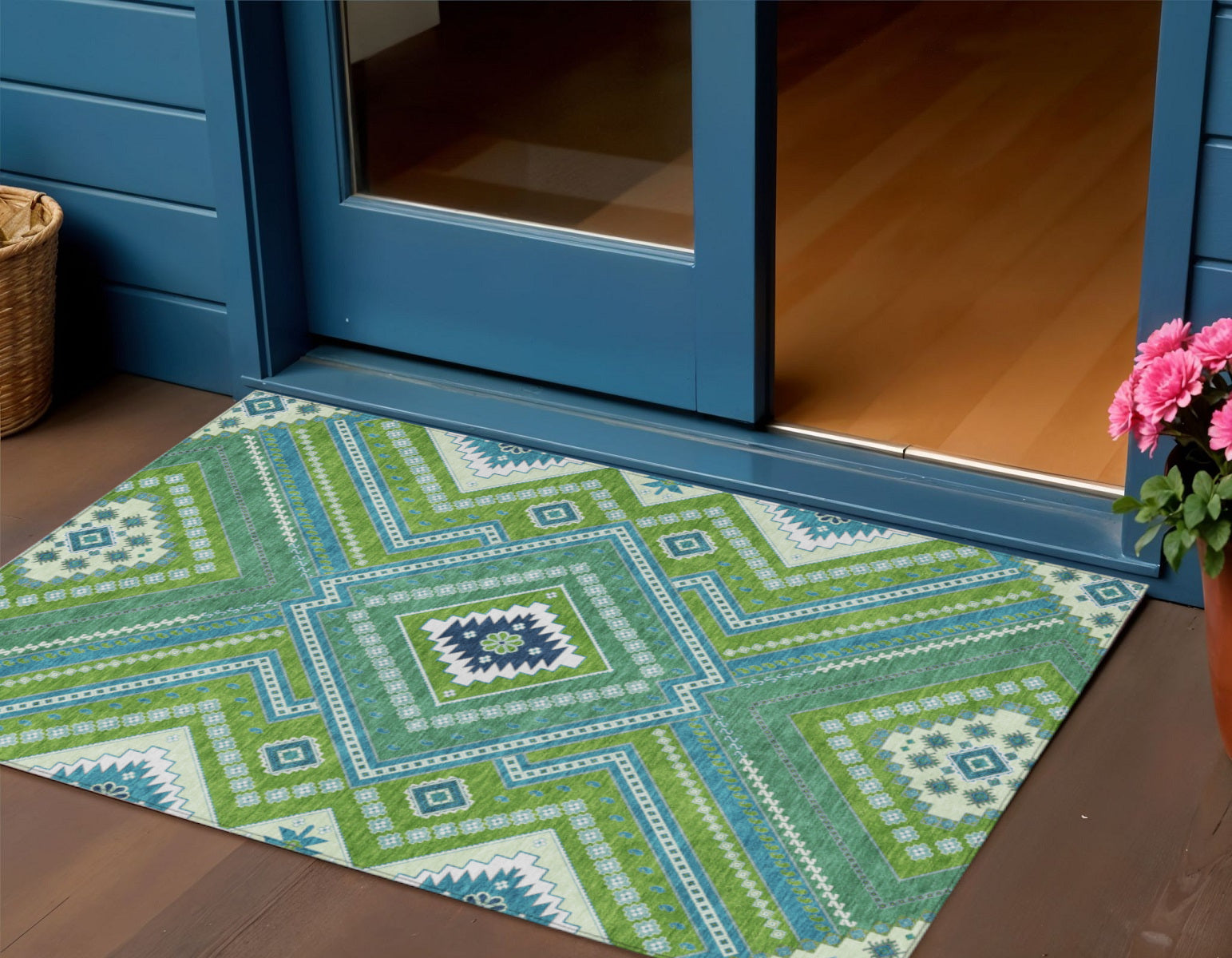 3' X 5' Lime Green Aqua And Ivory Tribal Washable Indoor Outdoor Area Rug