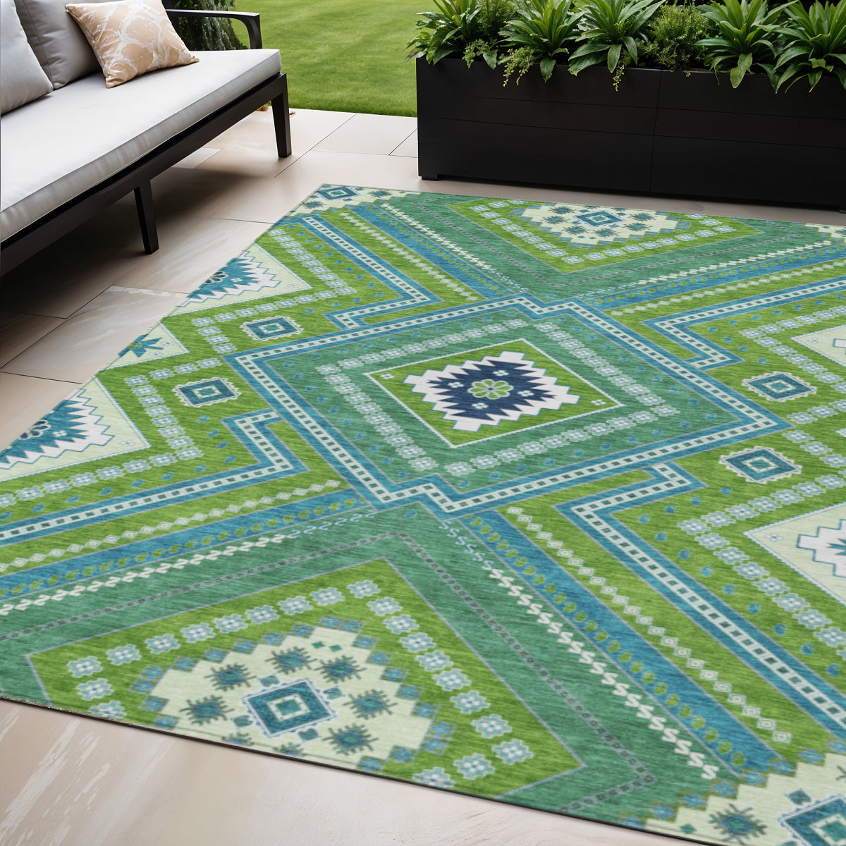 5' X 8' Lime Green Aqua And Ivory Tribal Washable Indoor Outdoor Area Rug