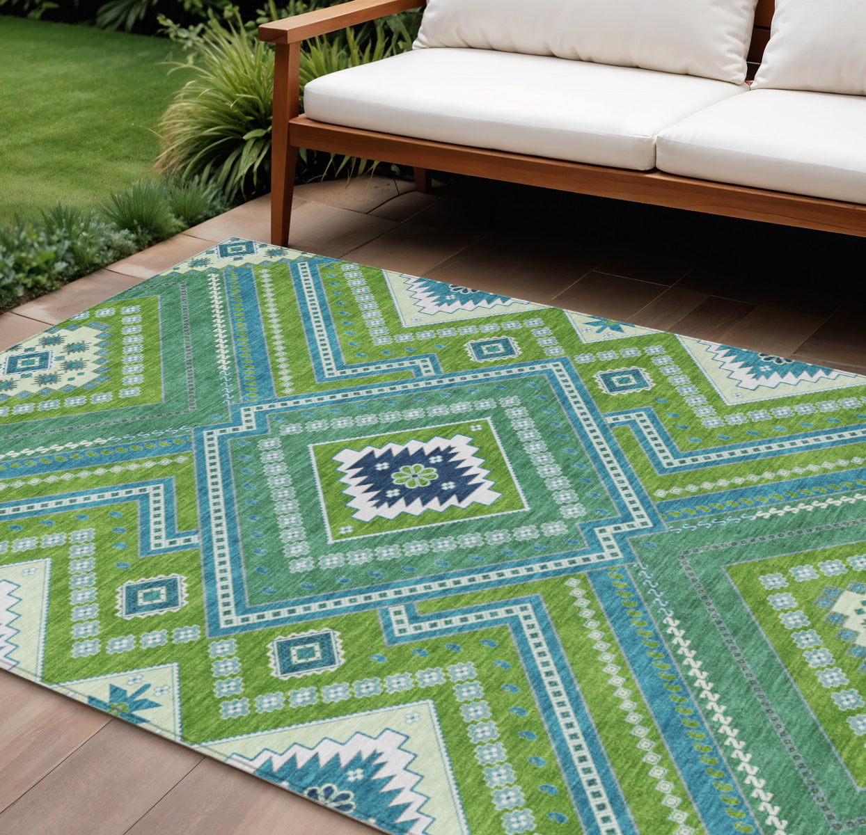 9' X 12' Lime Green Aqua And Ivory Tribal Washable Indoor Outdoor Area Rug
