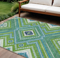 10' X 14' Lime Green Aqua And Ivory Tribal Washable Indoor Outdoor Area Rug