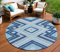 8 Navy Blue Aqua And Ivory Round Tribal Washable Indoor Outdoor Area Rug