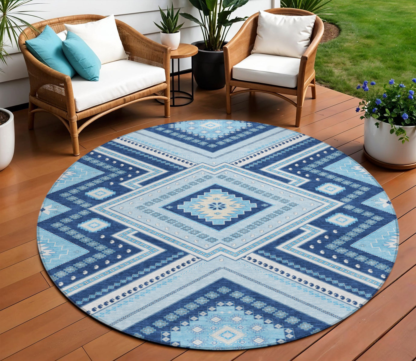 8 Navy Blue Aqua And Ivory Round Tribal Washable Indoor Outdoor Area Rug