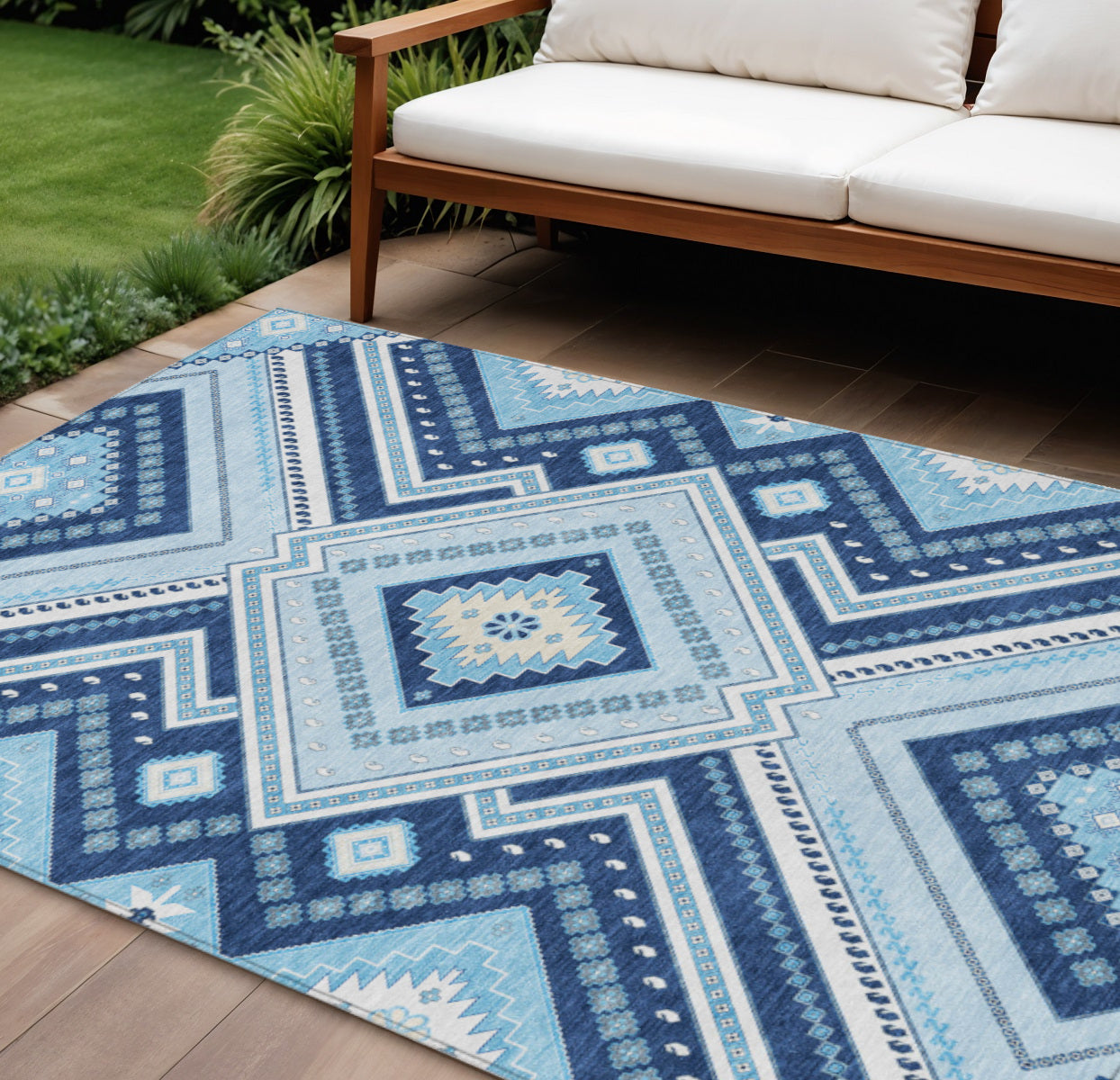 9' X 12' Navy Blue Aqua And Ivory Tribal Washable Indoor Outdoor Area Rug