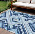 10' X 14' Navy Blue Aqua And Ivory Tribal Washable Indoor Outdoor Area Rug