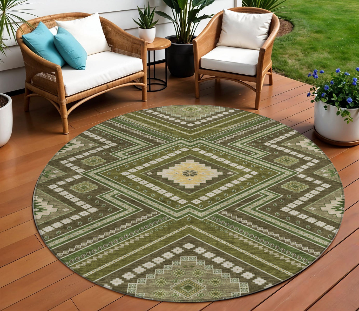 8' Olive Green Gray And Ivory Round Tribal Washable Indoor Outdoor Area Rug
