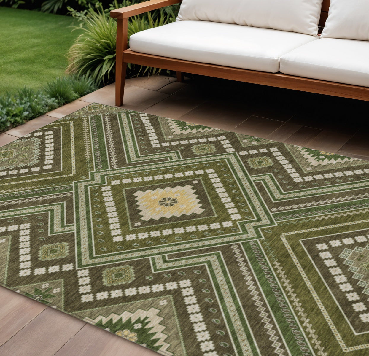 9' X 12' Olive Green Gray And Ivory Tribal Washable Indoor Outdoor Area Rug