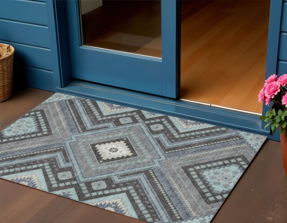 3' X 5' Pewter Charcoal And Sky Blue Tribal Washable Indoor Outdoor Area Rug