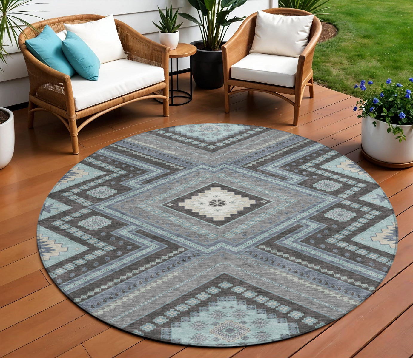8' Pewter Charcoal And Sky Blue Round Tribal Washable Indoor Outdoor Area Rug