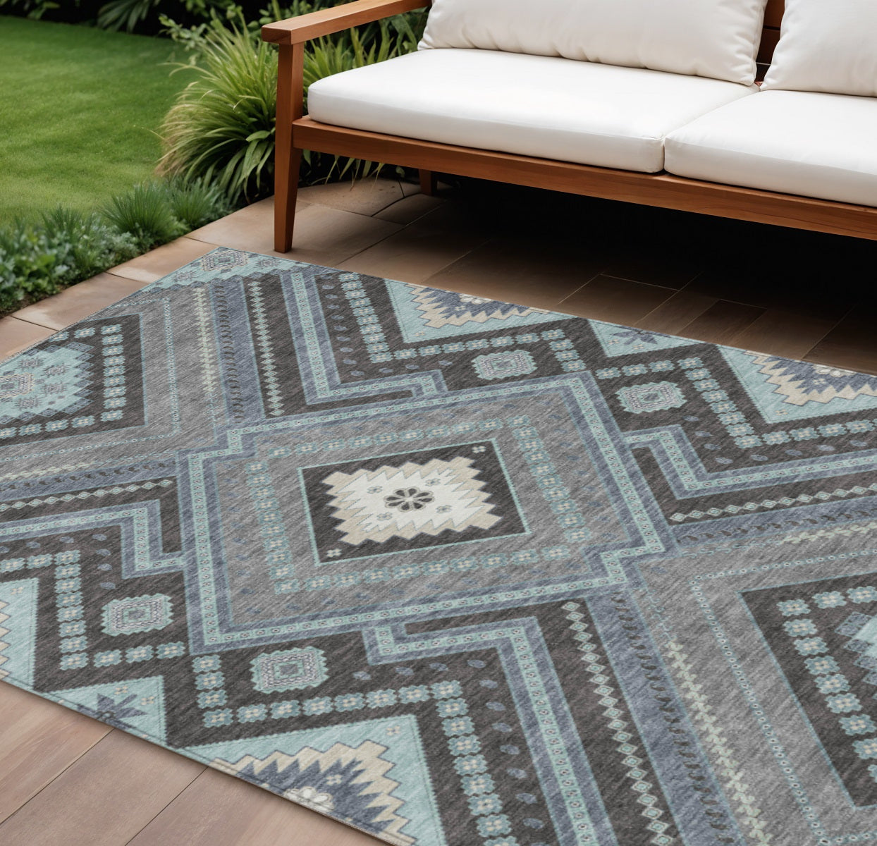 9' X 12' Pewter Charcoal And Sky Blue Tribal Washable Indoor Outdoor Area Rug