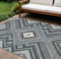 10' X 14' Pewter Charcoal And Sky Blue Tribal Washable Indoor Outdoor Area Rug