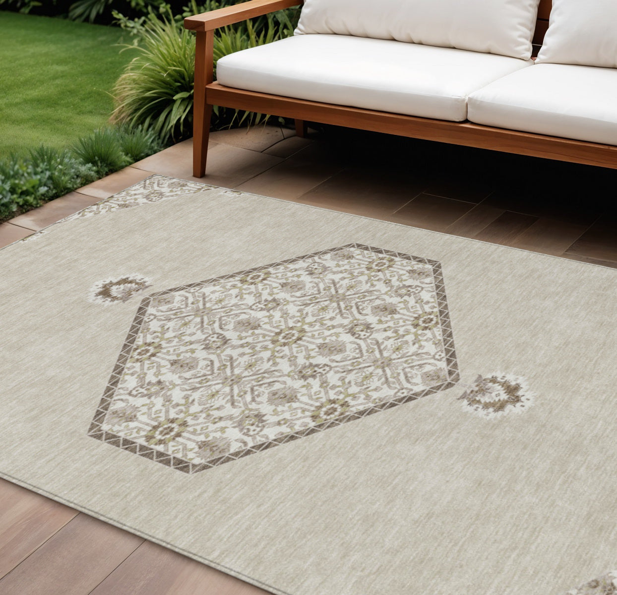 10' X 14' Beige Brown And Ivory Oriental Washable Indoor Outdoor Area Rug