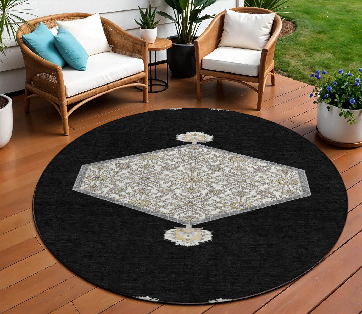 8' Black Gray And Ivory Round Oriental Washable Indoor Outdoor Area Rug