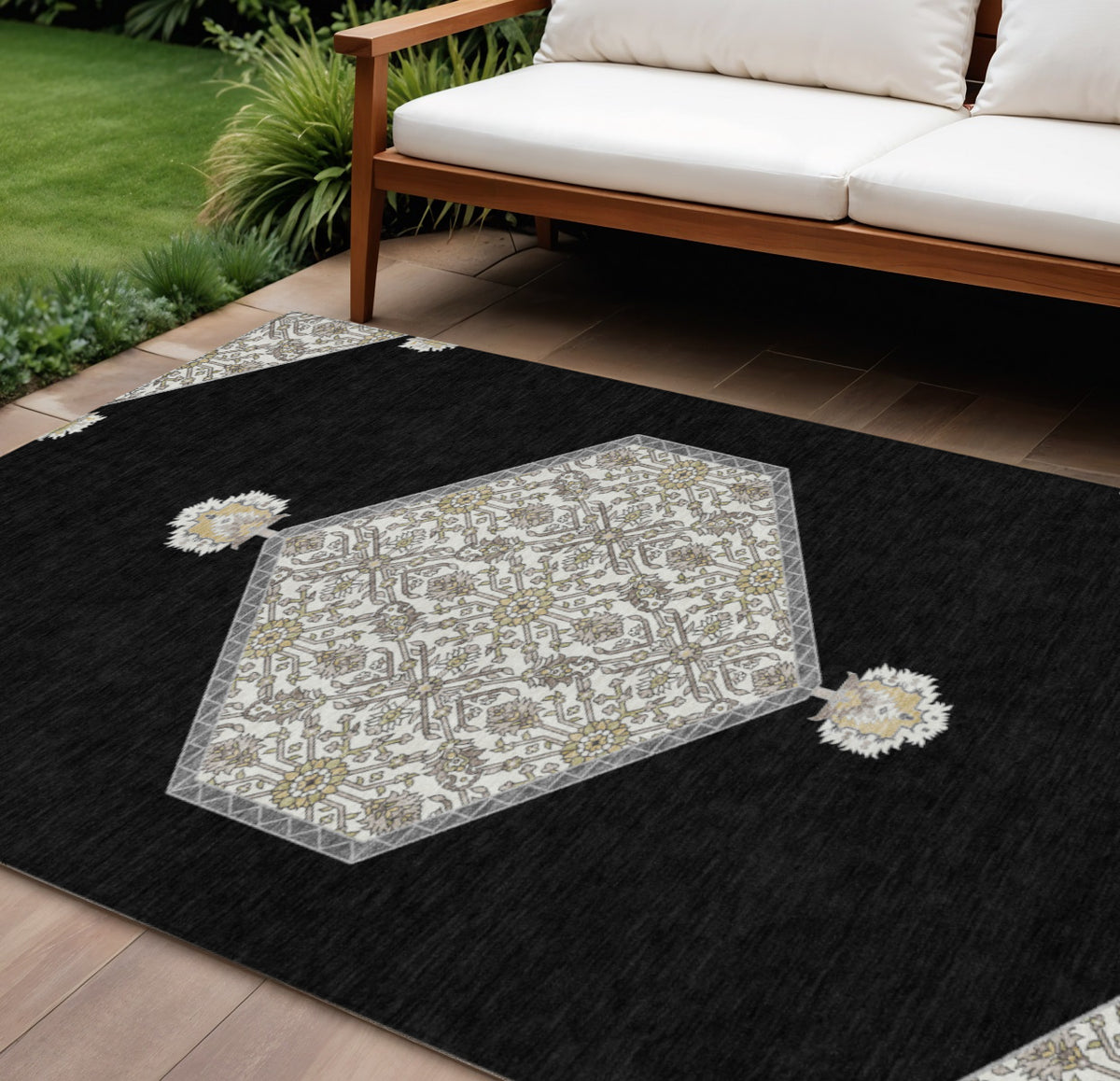 9' X 12' Black Gray And Ivory Oriental Washable Indoor Outdoor Area Rug
