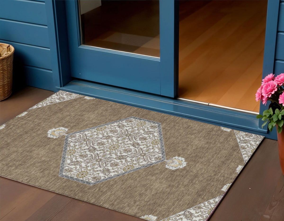 3' X 5' Brown Gray And Ivory Oriental Washable Indoor Outdoor Area Rug