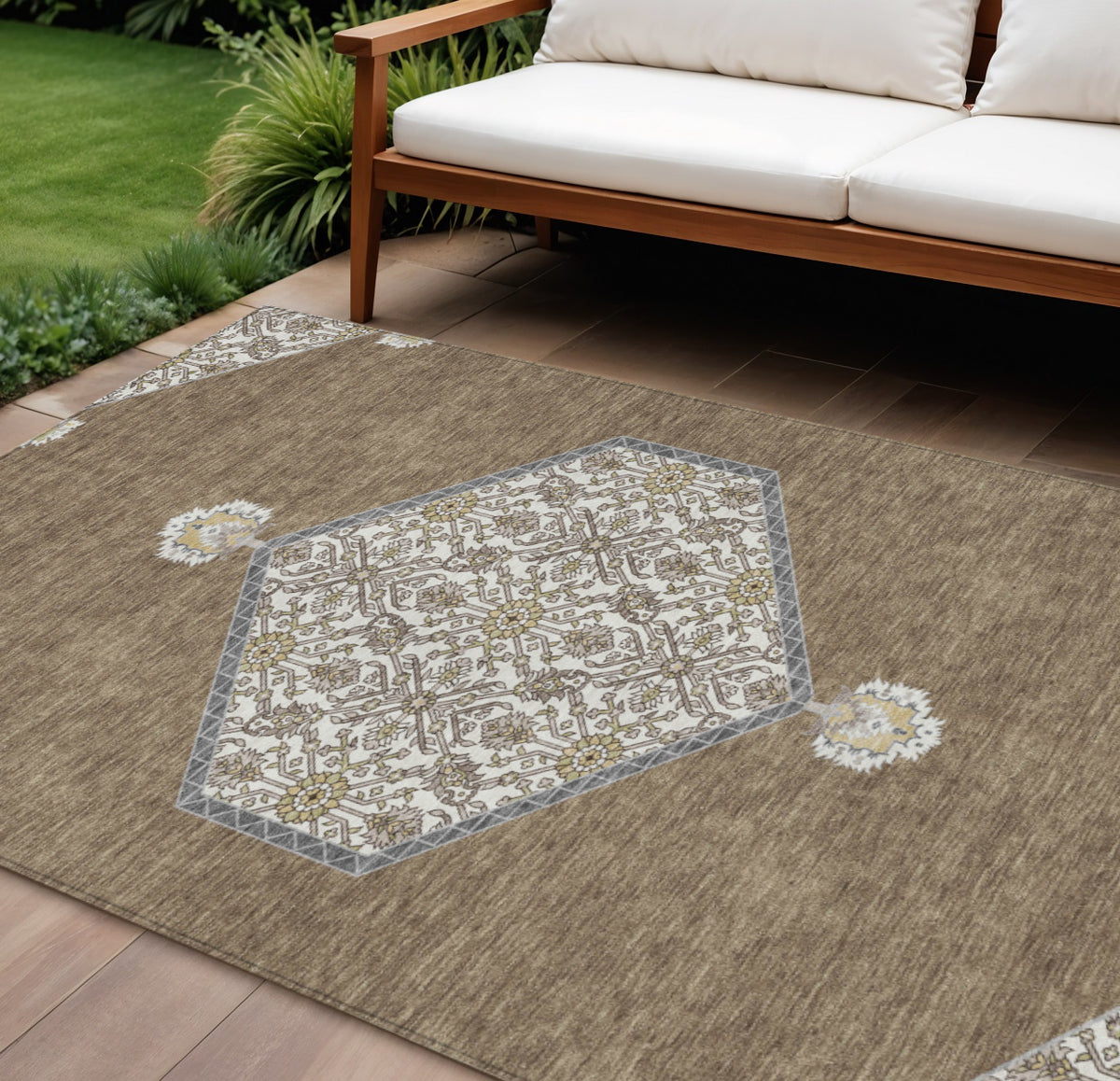 9' X 12' Brown Gray And Ivory Oriental Washable Indoor Outdoor Area Rug