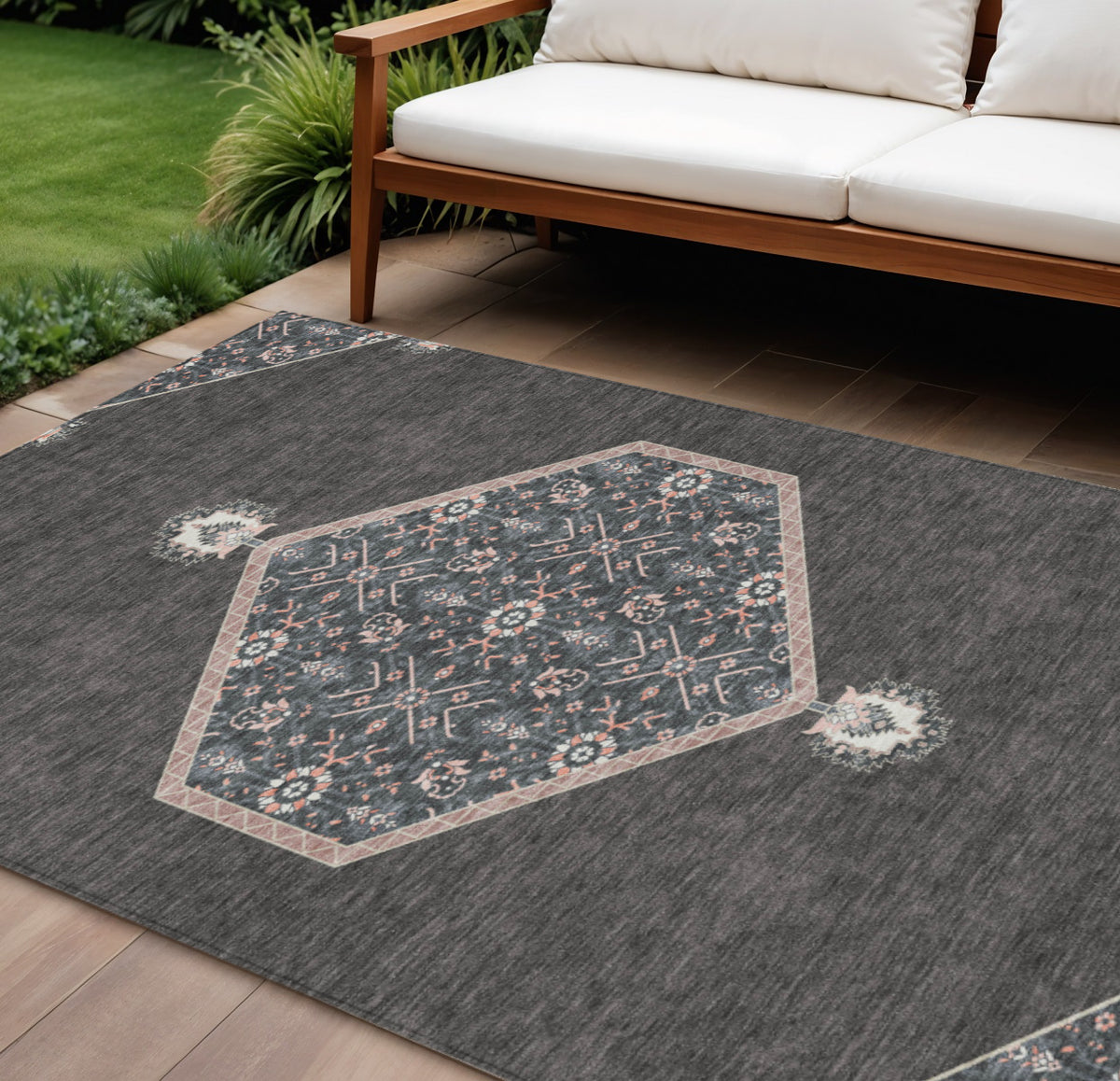 9' X 12' Charcoal Pink And Blue Oriental Washable Indoor Outdoor Area Rug
