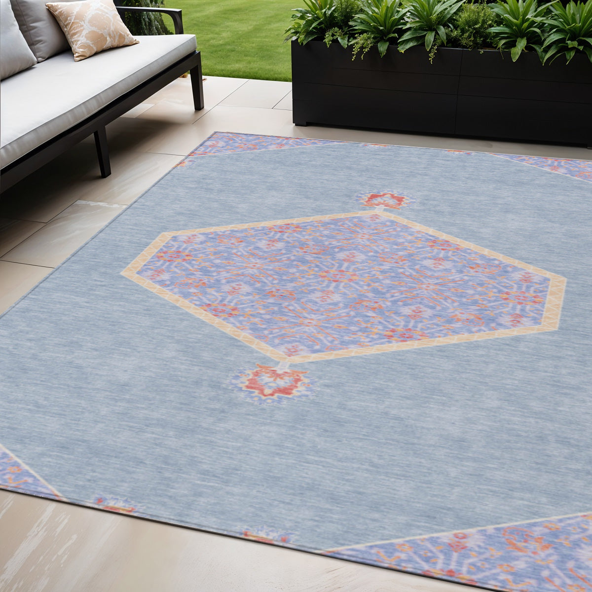 5' X 8' Denim Blue And Orange Oriental Washable Indoor Outdoor Area Rug