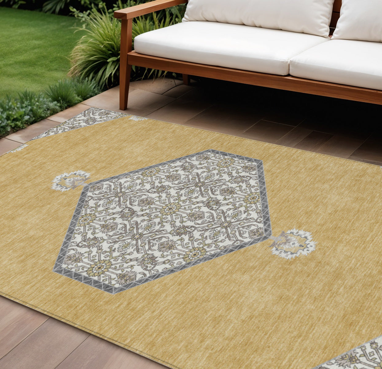 9' X 12' Gold Ivory And Beige Oriental Washable Indoor Outdoor Area Rug